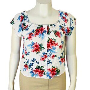 Daily Special Blouse Womens Juniors L Floral Gathered Scoop Neck Flutter Sleeve